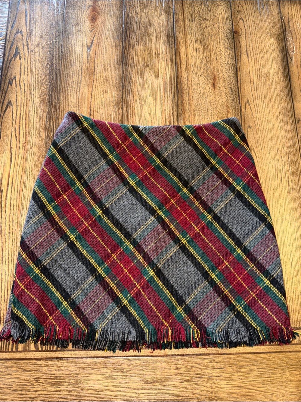 Sanctuary Plaid Fringe Mini Skirt in Gray, Red, Green and Yellow